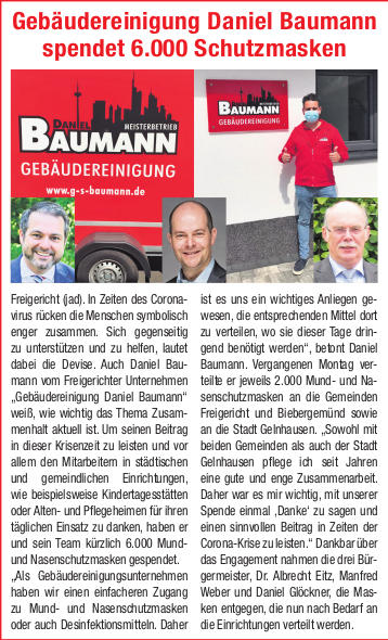 Gebäudereinigung Baumann spendet 6000 Schutzmasken - Freigericht - Gelnhausen - Biebergemünd