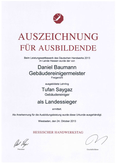 Zertifikat Landessieger - Hessischer Handwerkstag