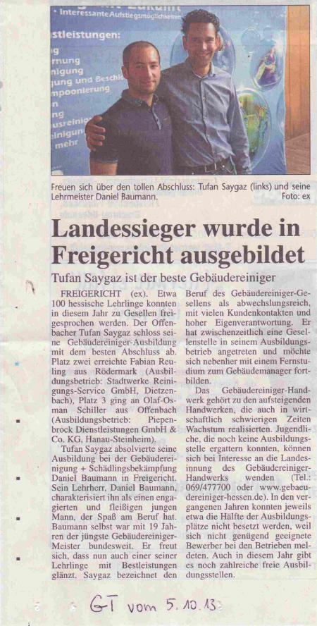 Landessieger Gebäudereiniger-Ausbildung, bester Abschluss